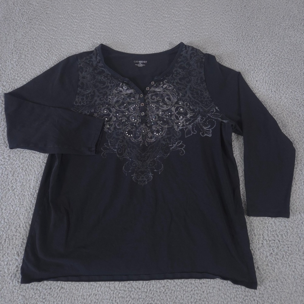Catherines Shirt Womens 0X‎ Black Henley Blouse Paisley Whimsigoth Lagenlook
